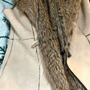 Fever Faux Fur Trimmed Taupe/Beige Suede Vest